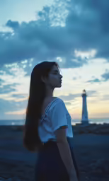 a woman standing in front of a light house