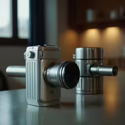a silver camera with a smaller lens on top of it