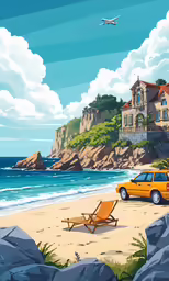 a painting of a vehicle parked in front of an airplane on a beach