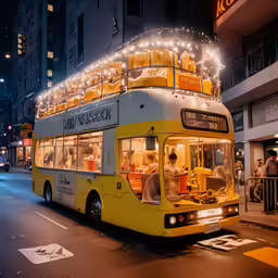 a double - decker bus driving down a city street with its lights turned on