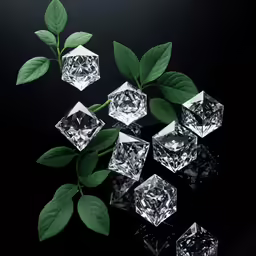 three leafy green plants are next to diamond cubes