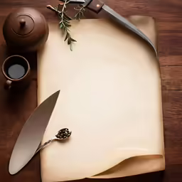 a knife and cutting board with a tea kettle