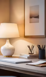 the lamp is next to the book and other office supplies on the desk