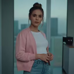 a woman in blue jeans and white top stands by the window
