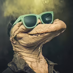 an animal wearing sunglasses, wearing clothing, and looking up
