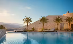 a long swimming pool with lounge chairs and palm trees