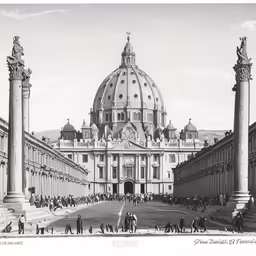 black and white drawing of large building and various statues