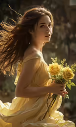 a woman wearing a yellow dress holding flowers