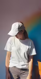 a woman in grey pants and white shirt leans against a wall and holds her head