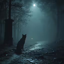 a dog sits in the middle of a road in a dark foggy forest