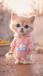 a small cat dressed in a pink outfit with a blue hat and cake