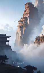 some mountains with a building and a bunch of clouds