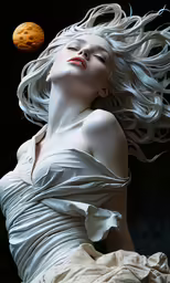 a woman in white dress laying next to a cookie