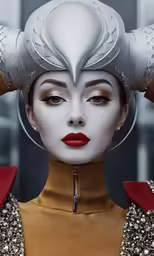 an artistic woman wearing makeup and metal headpiece