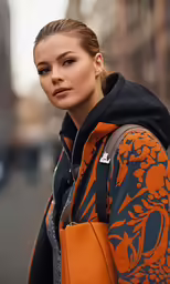 the model wears an orange and black outfit