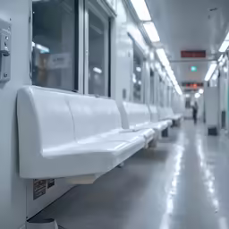 white benches line the wall in an empty train