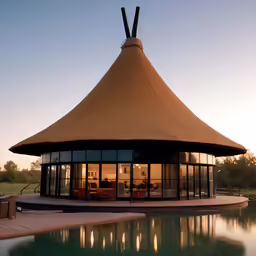 a tent sits at the edge of a pool
