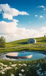 a pond in the middle of a green field with white clouds