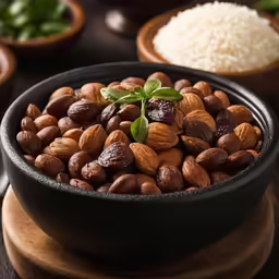nuts and other ingredients including rice in small bowls