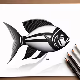 a black and white fish with black stripes is shown next to some pencils