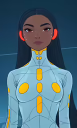 a cartoon girl in blue and yellow costume