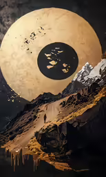 there is a painting with mountains and a person walking towards it