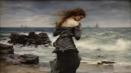 a woman with long brown hair wearing a dress by the ocean,a painting of a woman standing in the water