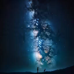 two people standing in the silhouette under a bright sky