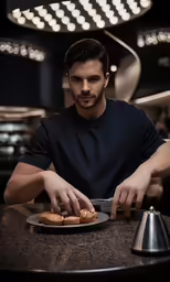 a man holding onto a plate with food on it