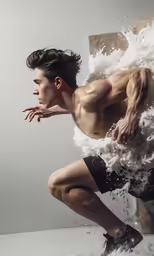 a man with no shirt and his hair falling
