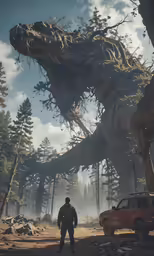 man standing in a forest looking at giant tree like thing