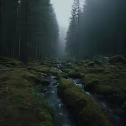 a creek flowing through a forest with tall trees