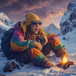 a man in ski gear sits with his legs crossed while lighting a fire