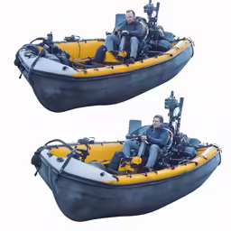 two men on boats with one holding camera