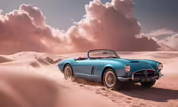 a classic car driving through a dune - covered area