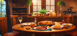 a table is covered with different foods,a dinner of food and glasses is set on a kitchen table