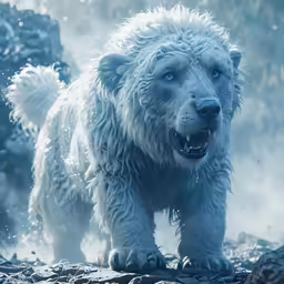 a white polar bear stands on a rocky, partially frozen body