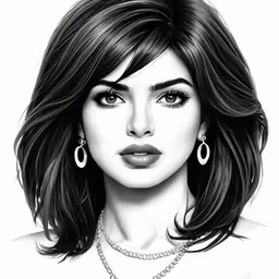 a penciled drawing of a woman with dark hair