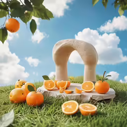 a stone arch and oranges on grass next to some clouds