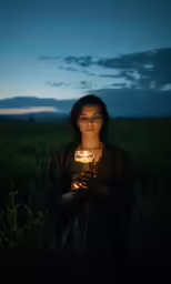 a woman stands in a field at dusk holding a lite
