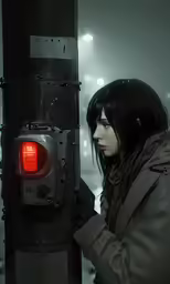 a young woman holding onto a stop light on a snowy night
