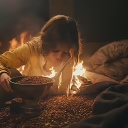 a woman sitting by a fire with a big bowl of food in her hand