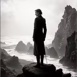 a man standing on a rocky shore holding a cane