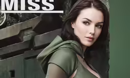 a woman wearing a green top and matching pants, posed against a stone wall