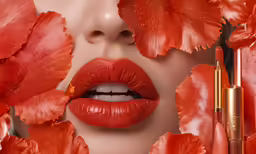 a woman with bright red lipstick on her face