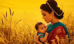 a woman holds a baby and looks into the distance