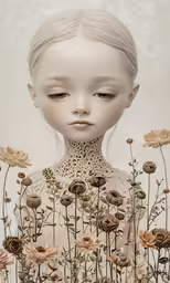 a doll sits among a field of flowers