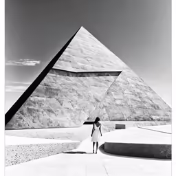 a man is standing in front of a huge pyramid