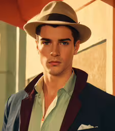 a man with a fedora and green shirt looking at the camera,a man with a hat is looking at the camera
