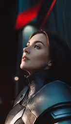 a woman dressed in dark leather looks at the sky